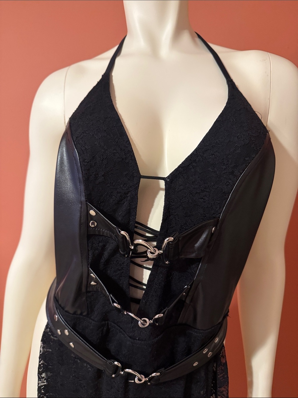 Black Lace Halter Jumpsuit with Faux Leather